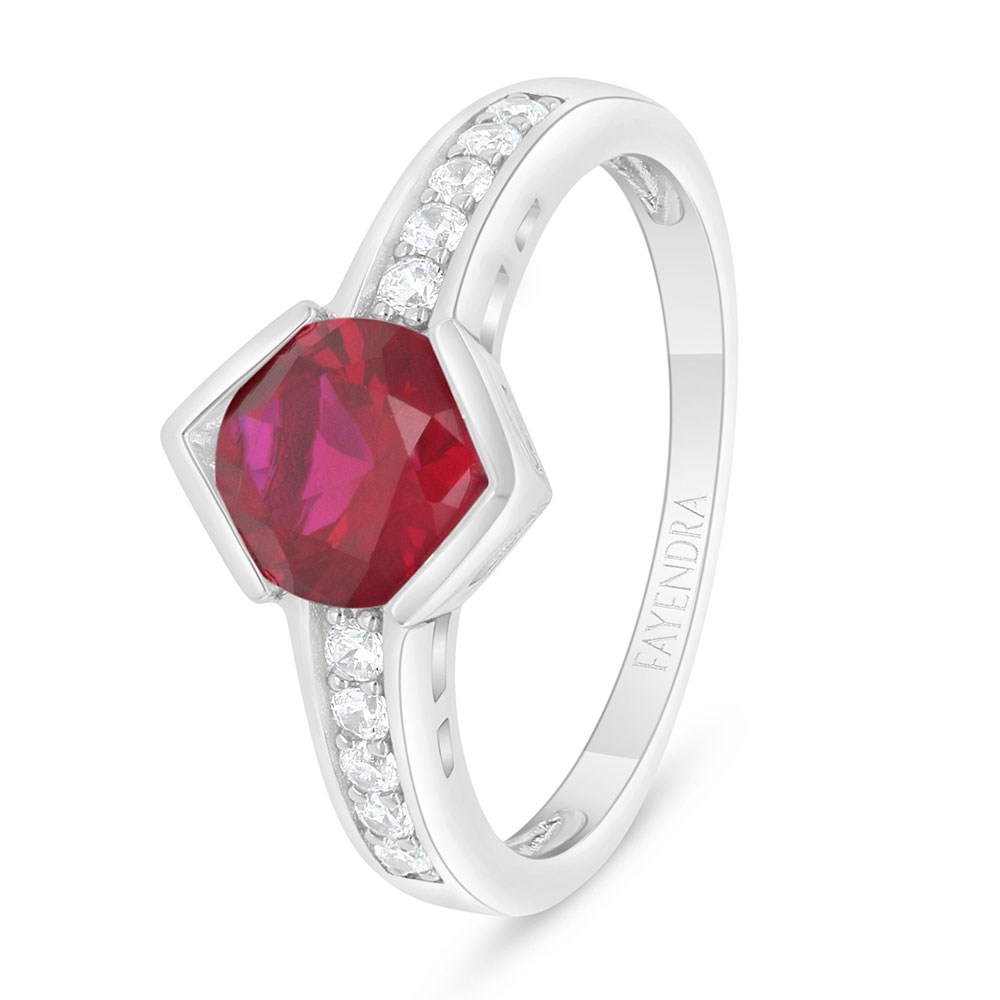 Sterling Silver 925 Ring Rhodium Plated Embedded With Ruby Corundum And White Zircon