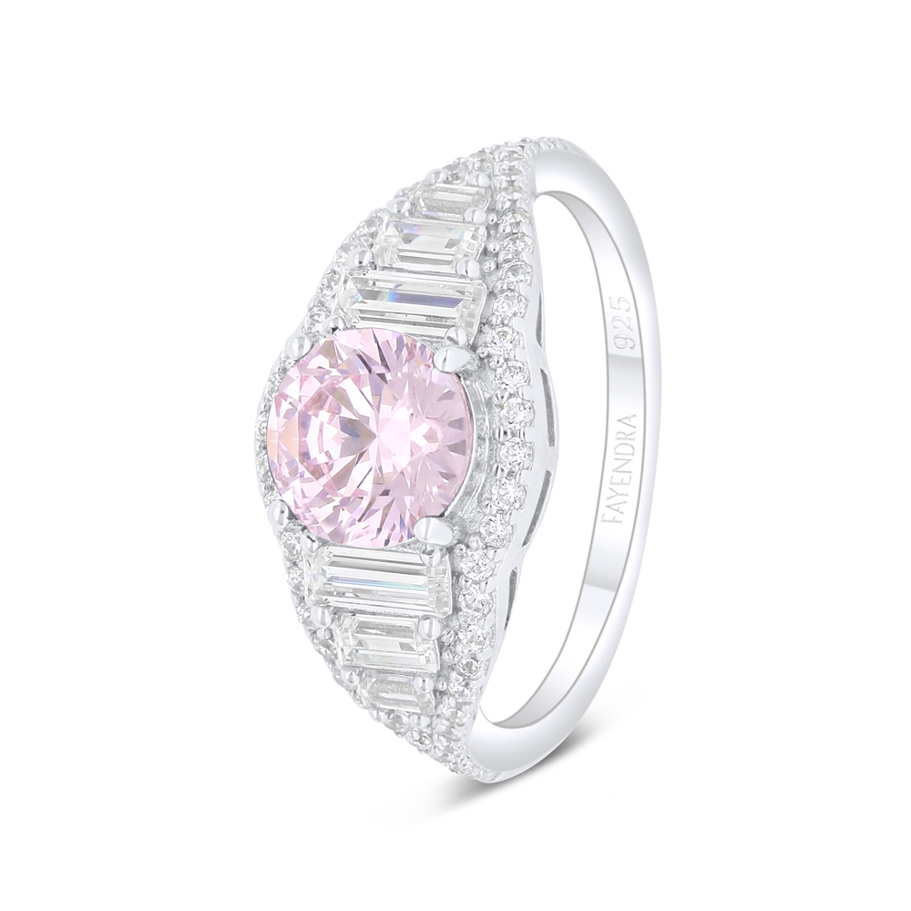 Sterling Silver 925 Ring Rhodium Plated Embedded With Pink Zircon And White Zircon