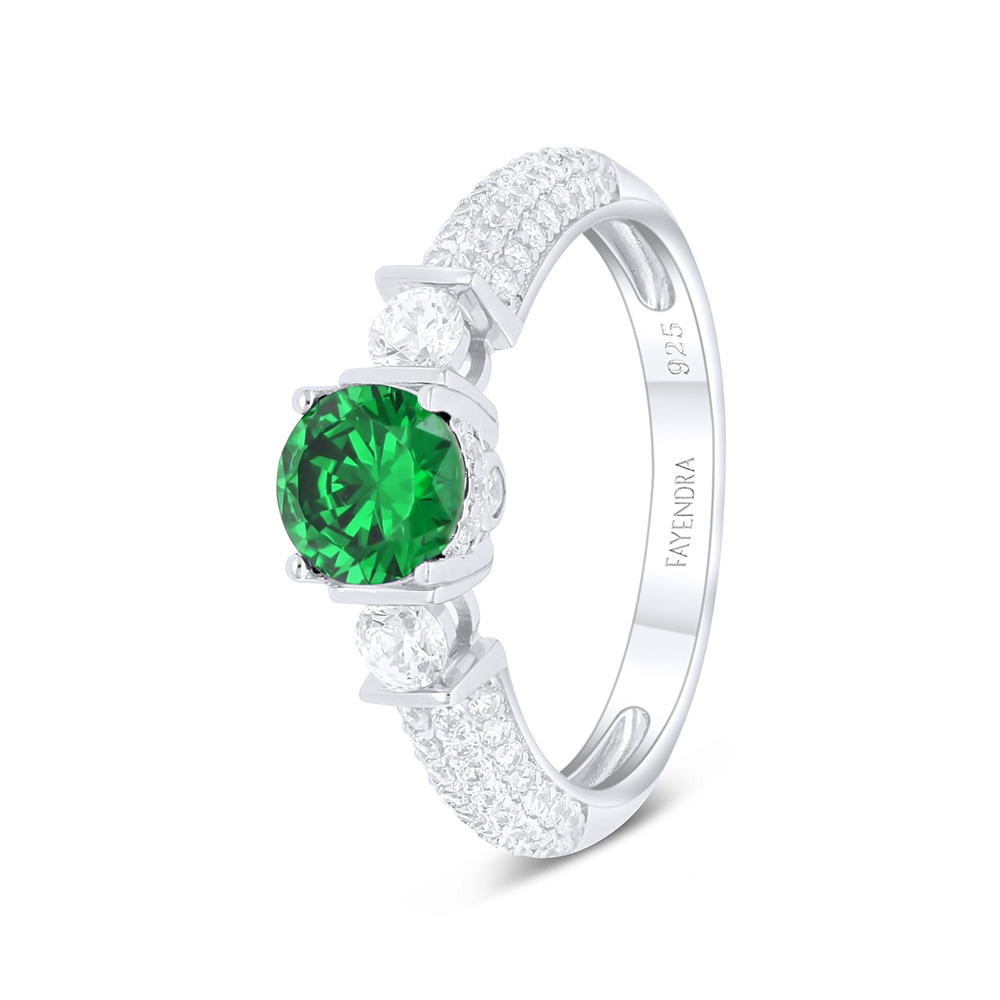 Sterling Silver 925 Ring Rhodium Plated Embedded With Emerald Zircon And White Zircon