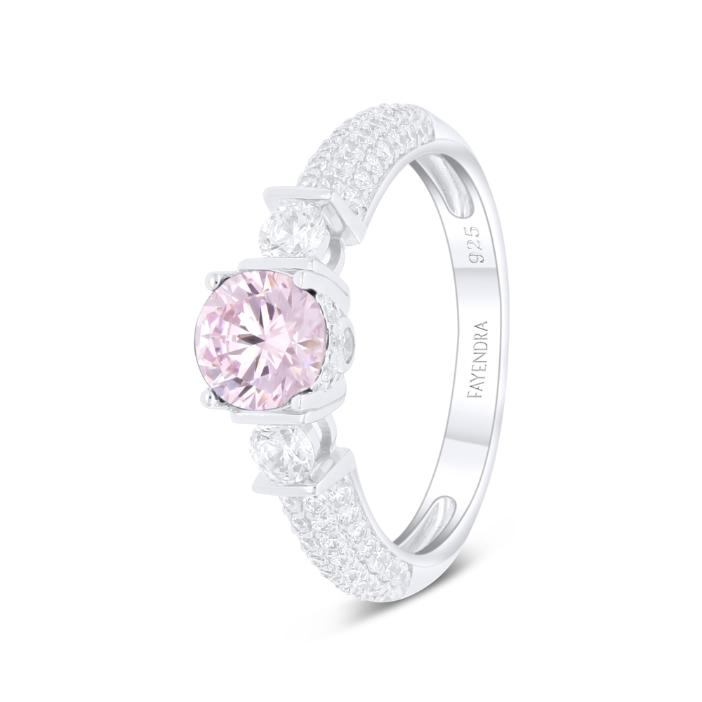 Sterling Silver 925 Ring Rhodium Plated Embedded With Pink Zircon And White Zircon