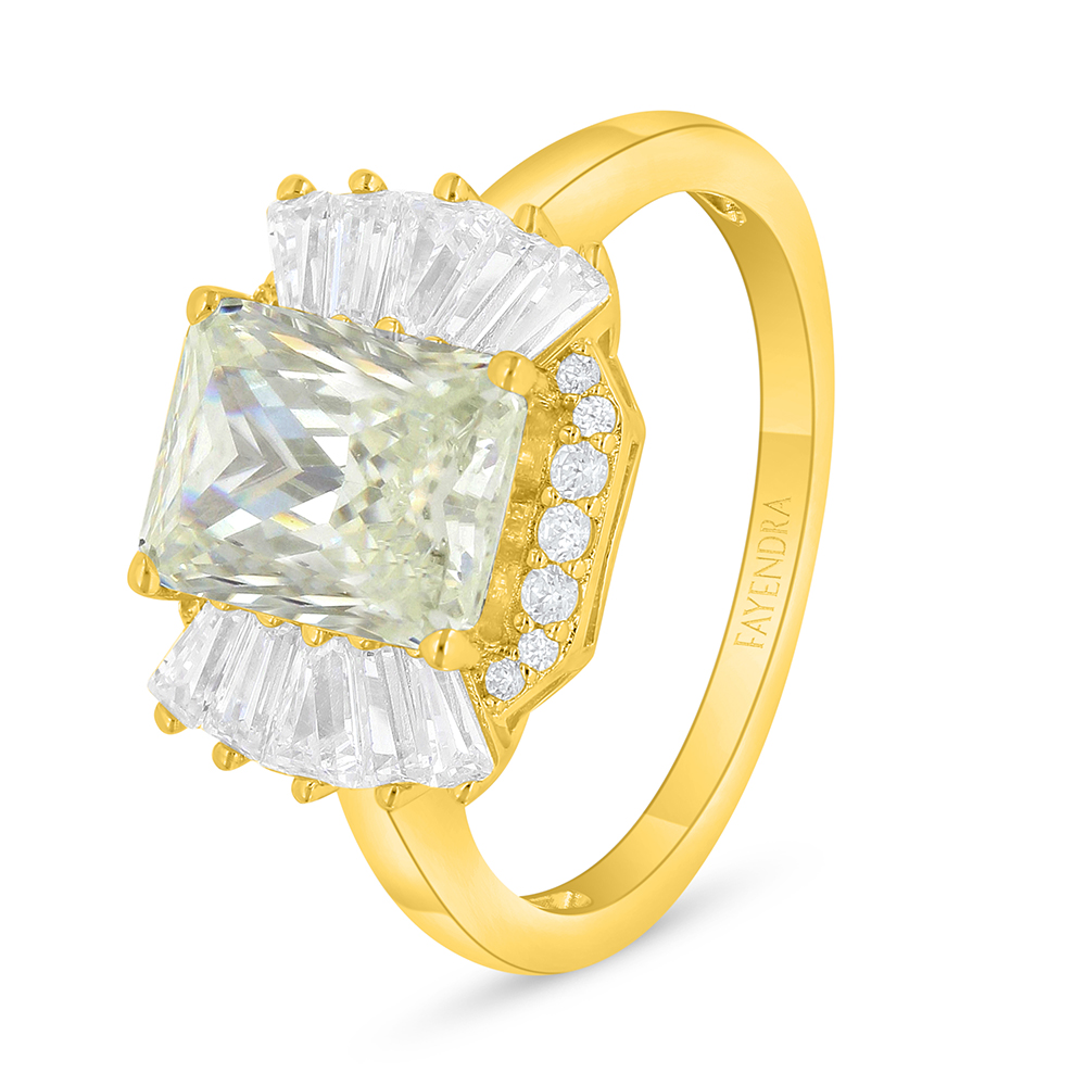 Sterling Silver 925 Ring Golden Plated Embedded With Yellow Diamond And White Zircon