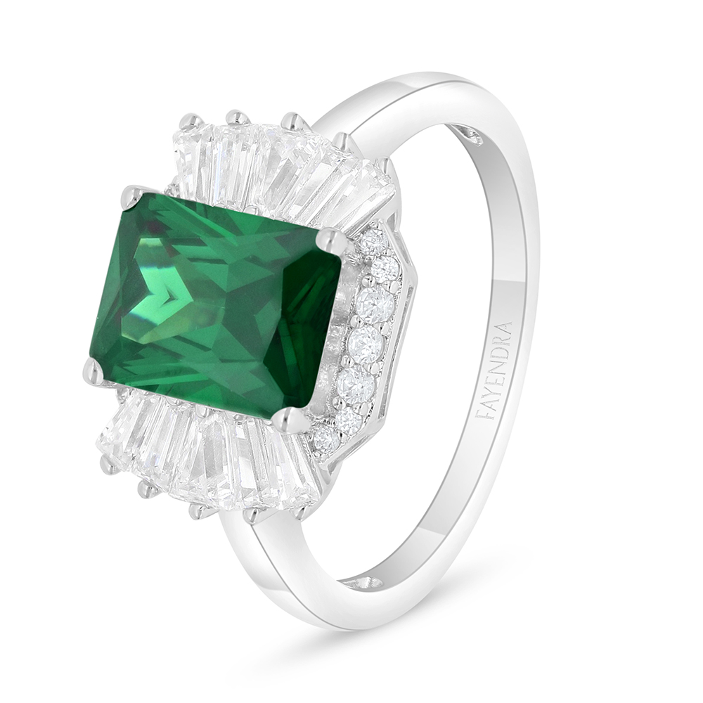 Sterling Silver 925 Ring Rhodium Plated Embedded With Emerald Zircon And White Zircon