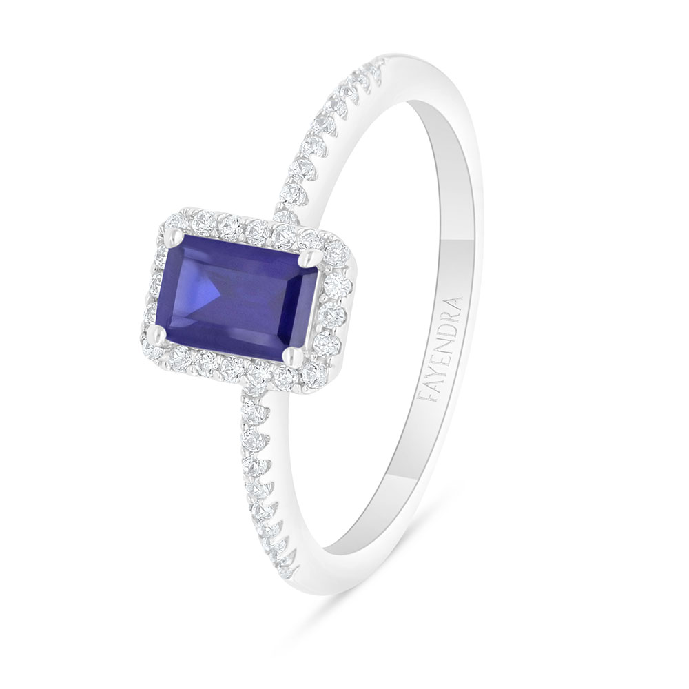 Sterling Silver 925 Ring Rhodium Plated Embedded With Sapphire Corundum And White Zircon