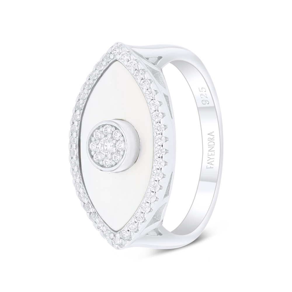 Sterling Silver 925 Ring Rhodium Plated Embedded With White Shell And White Zircon