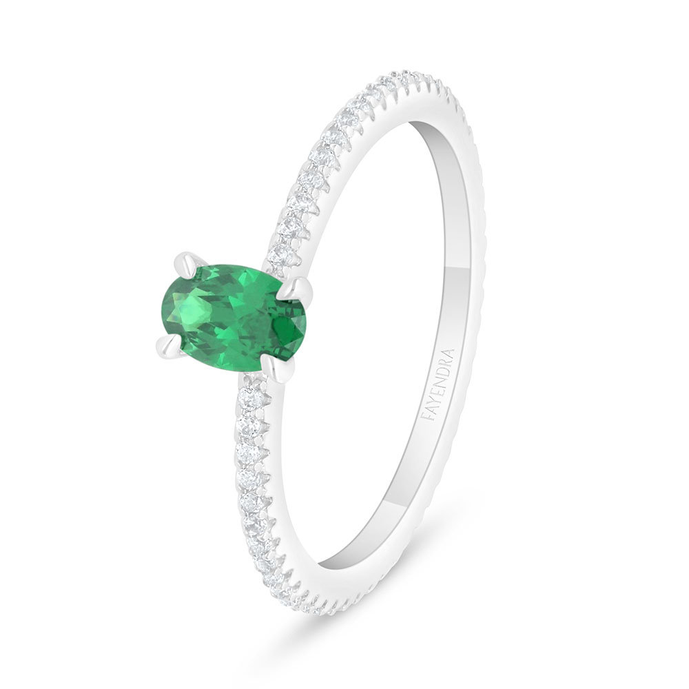 Sterling Silver 925 Ring Rhodium Plated Embedded With Emerald Zircon And White Zircon