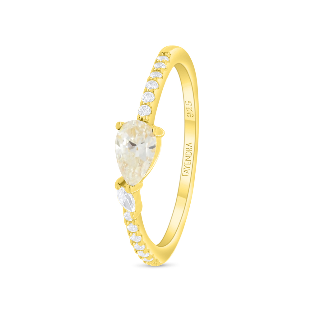 Sterling Silver 925 Ring Golden Plated Embedded With Yellow Diamond And White Zircon