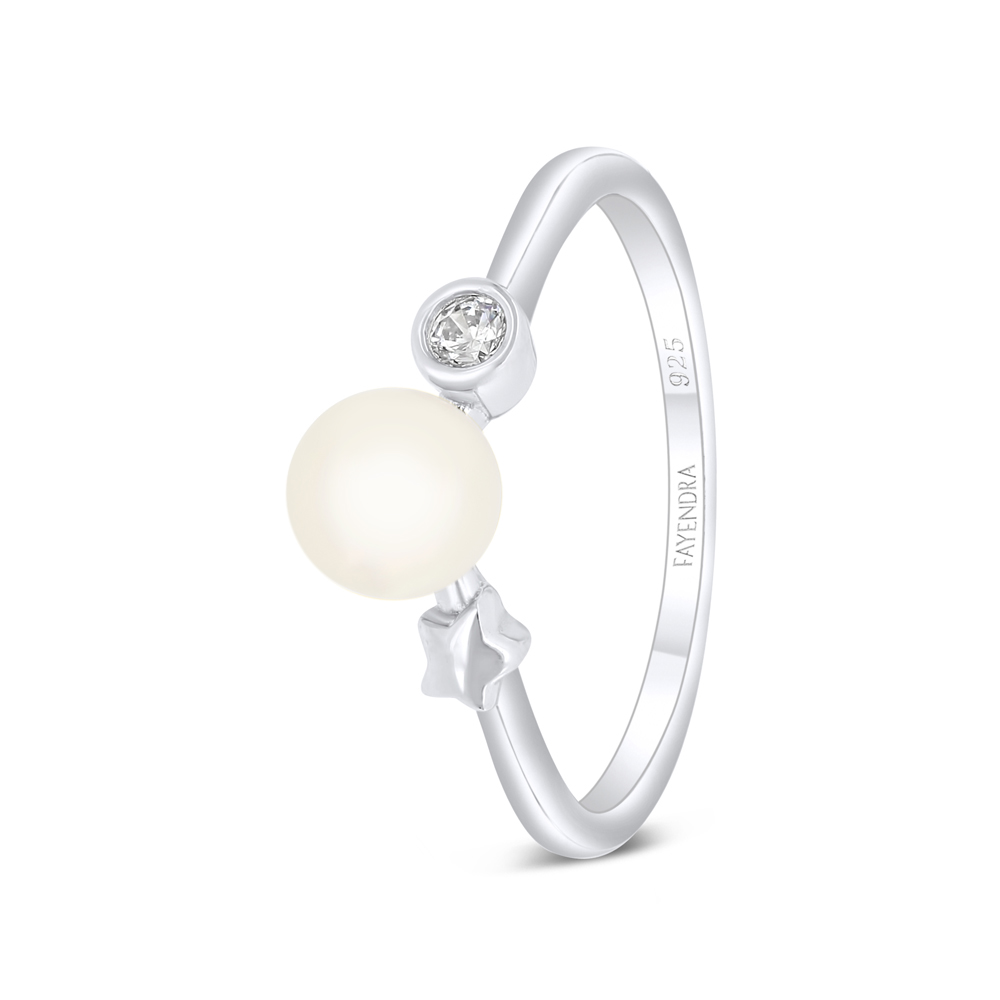 Sterling Silver 925 Ring Rhodium Plated Embedded With Natural White Pearl And White Zircon