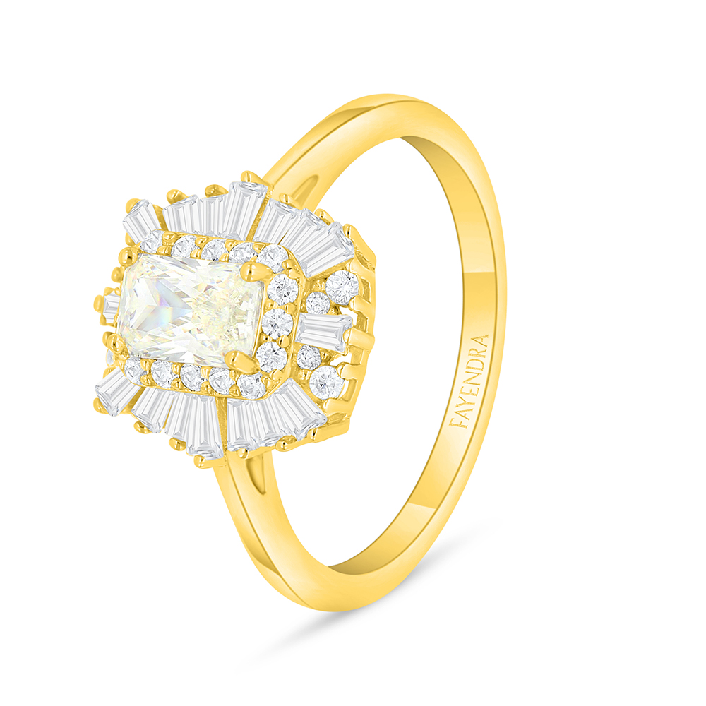 Sterling Silver 925 Ring Golden Plated Embedded With Yellow Diamond And White Zircon