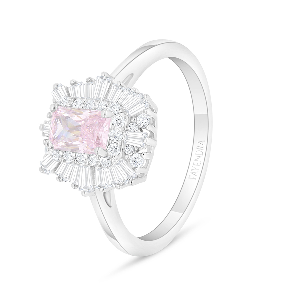 Sterling Silver 925 Ring Rhodium Plated Embedded With Pink Zircon And White Zircon