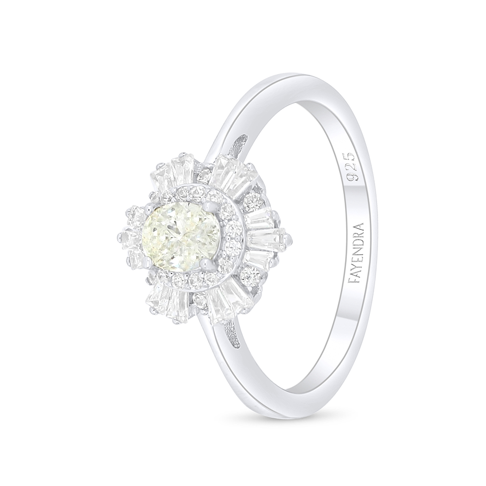 Sterling Silver 925 Ring Rhodium Plated Embedded With Yellow Diamond And White Zircon