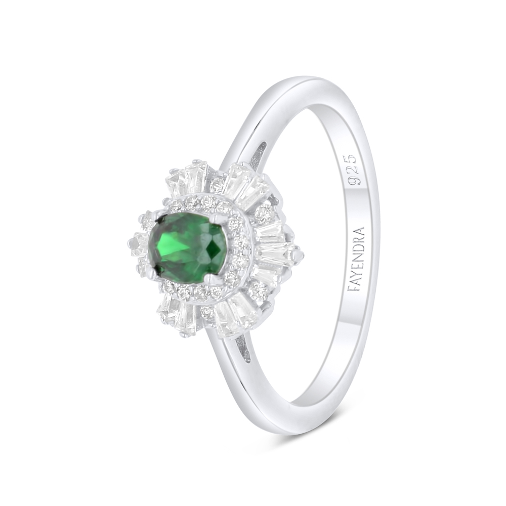 Sterling Silver 925 Ring Rhodium Plated Embedded With Emerald Zircon And White Zircon