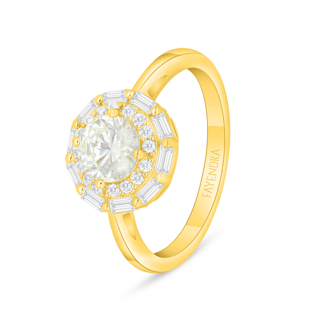 Sterling Silver 925 Ring Golden Plated Embedded With Yellow Diamond And White Zircon