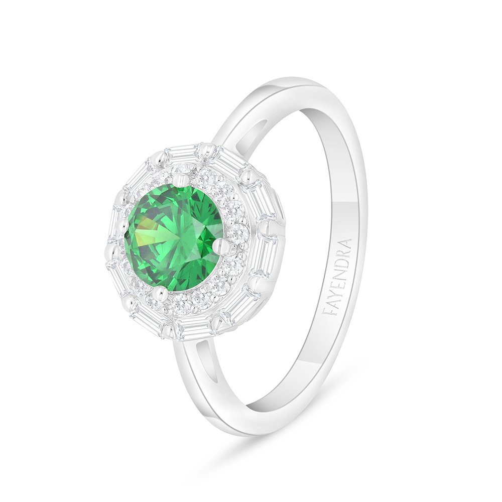 Sterling Silver 925 Ring Rhodium Plated Embedded With Emerald Zircon And White Zircon