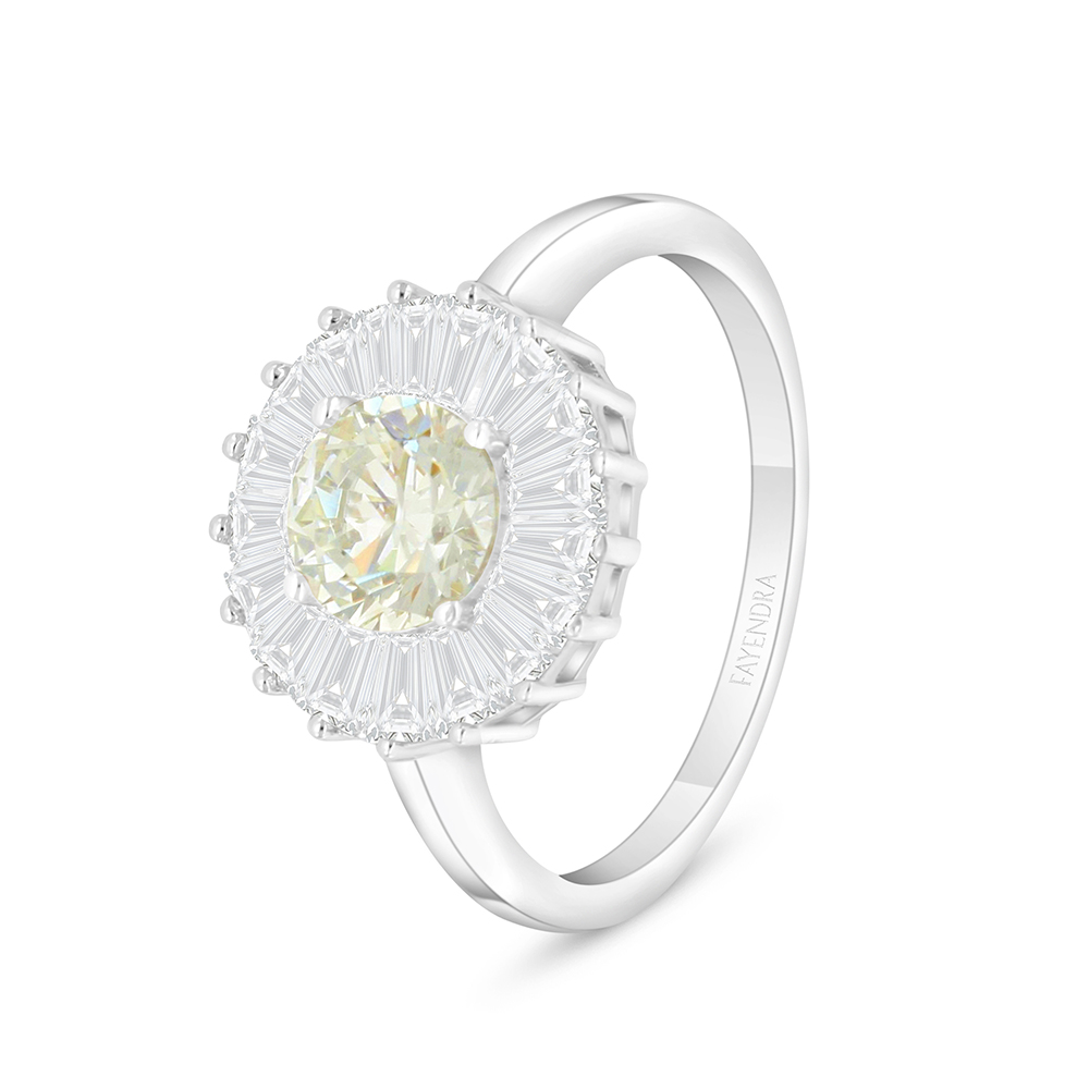 Sterling Silver 925 Ring Rhodium Plated Embedded With Yellow Diamond And White Zircon