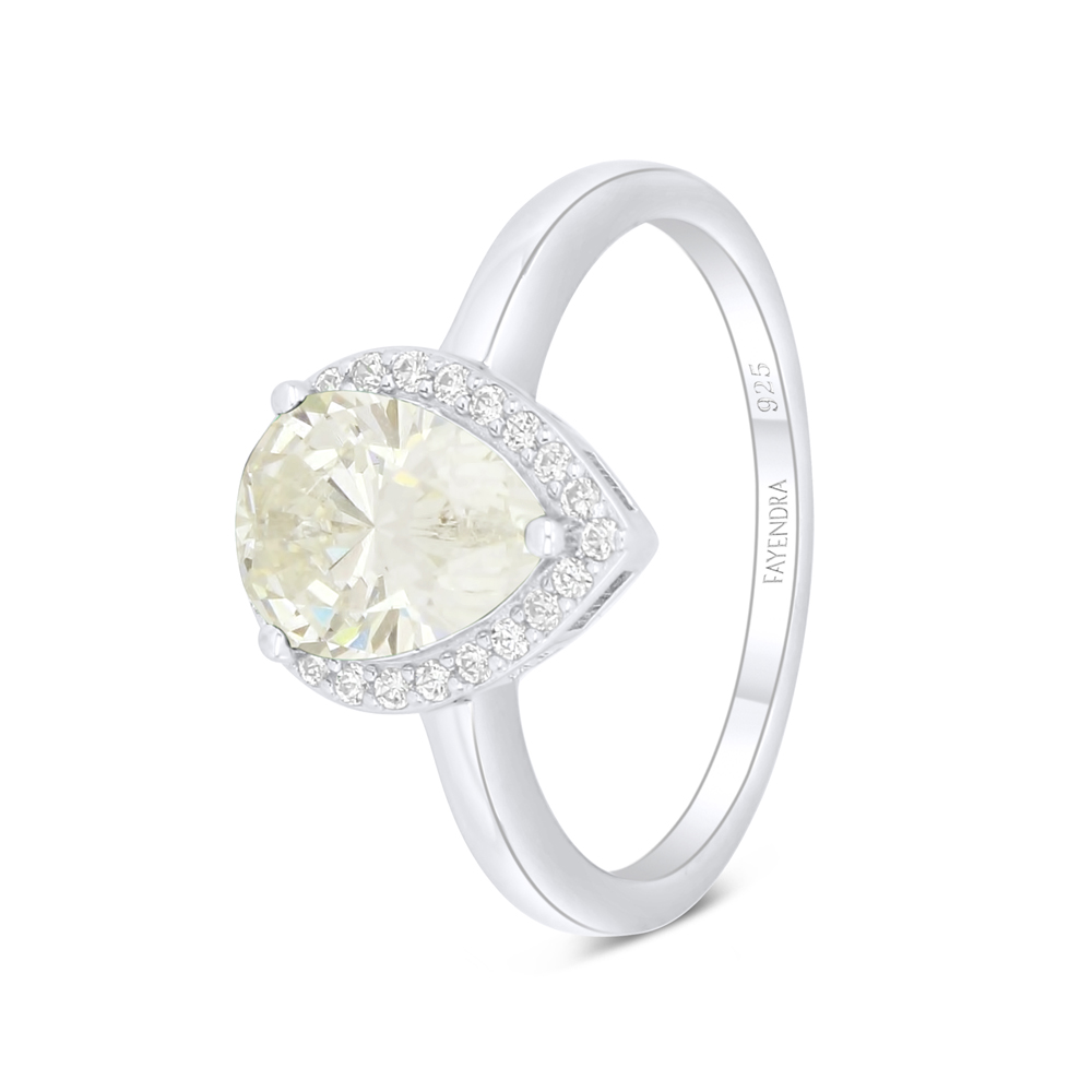 Sterling Silver 925 Ring Rhodium Plated Embedded With Yellow Diamond And White Zircon