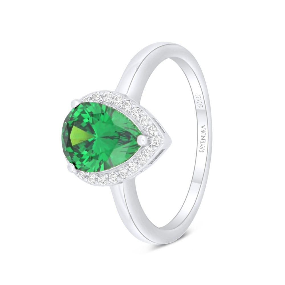 Sterling Silver 925 Ring Rhodium Plated Embedded With Emerald Zircon And White Zircon