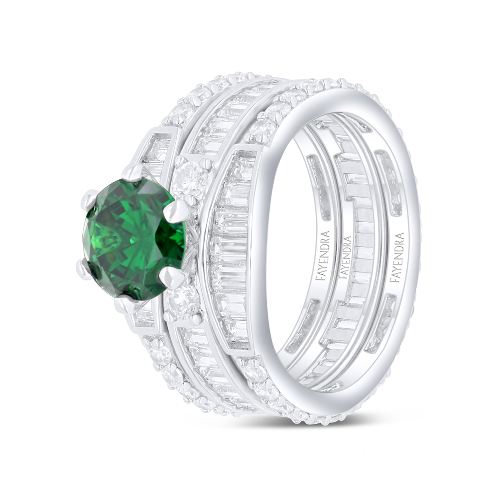 Sterling Silver 925 Ring (3pcs) Rhodium Plated Embedded With Emerald Zircon And White Zircon