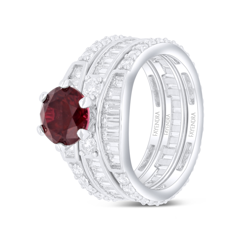 Sterling Silver 925 Ring (3pcs) Rhodium Plated Embedded With Ruby Corundum And White Zircon