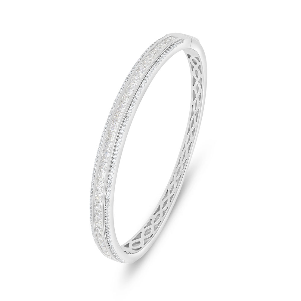 Sterling Silver 925 Bangle Rhodium Plated Embedded With White Zircon (52*58)M