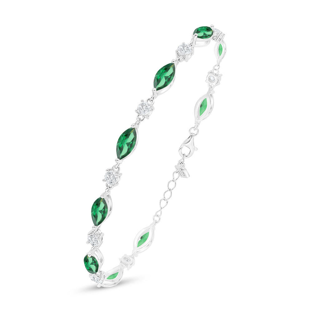 Sterling Silver 925 Bracelet Rhodium Plated Embedded With Emerald Zircon And White Zircon