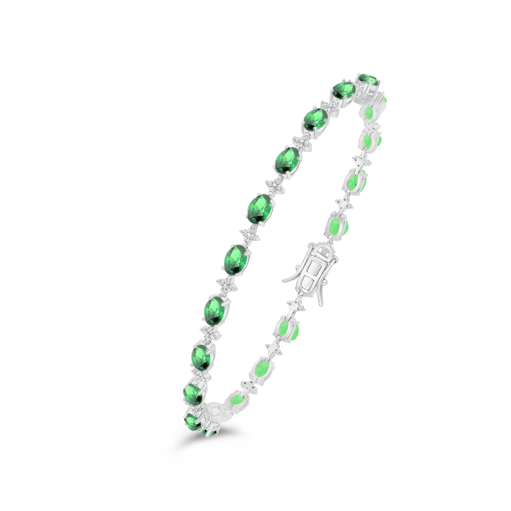 Sterling Silver 925 Bracelet Rhodium Plated Embedded With Emerald Zircon And White Zircon