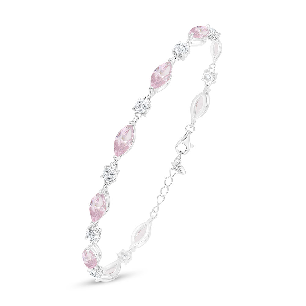 Sterling Silver 925 Bracelet Rhodium Plated Embedded With Pink Zircon And White Zircon