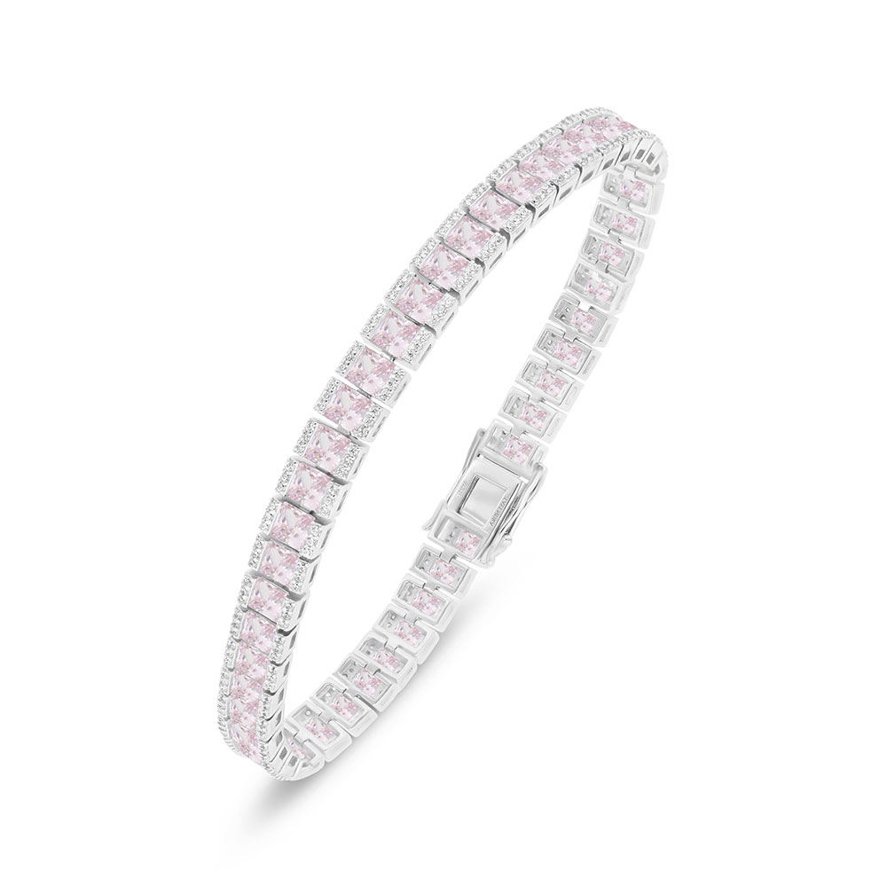 Sterling Silver 925 Bracelet Rhodium Plated Embedded With Pink Zircon And White Zircon