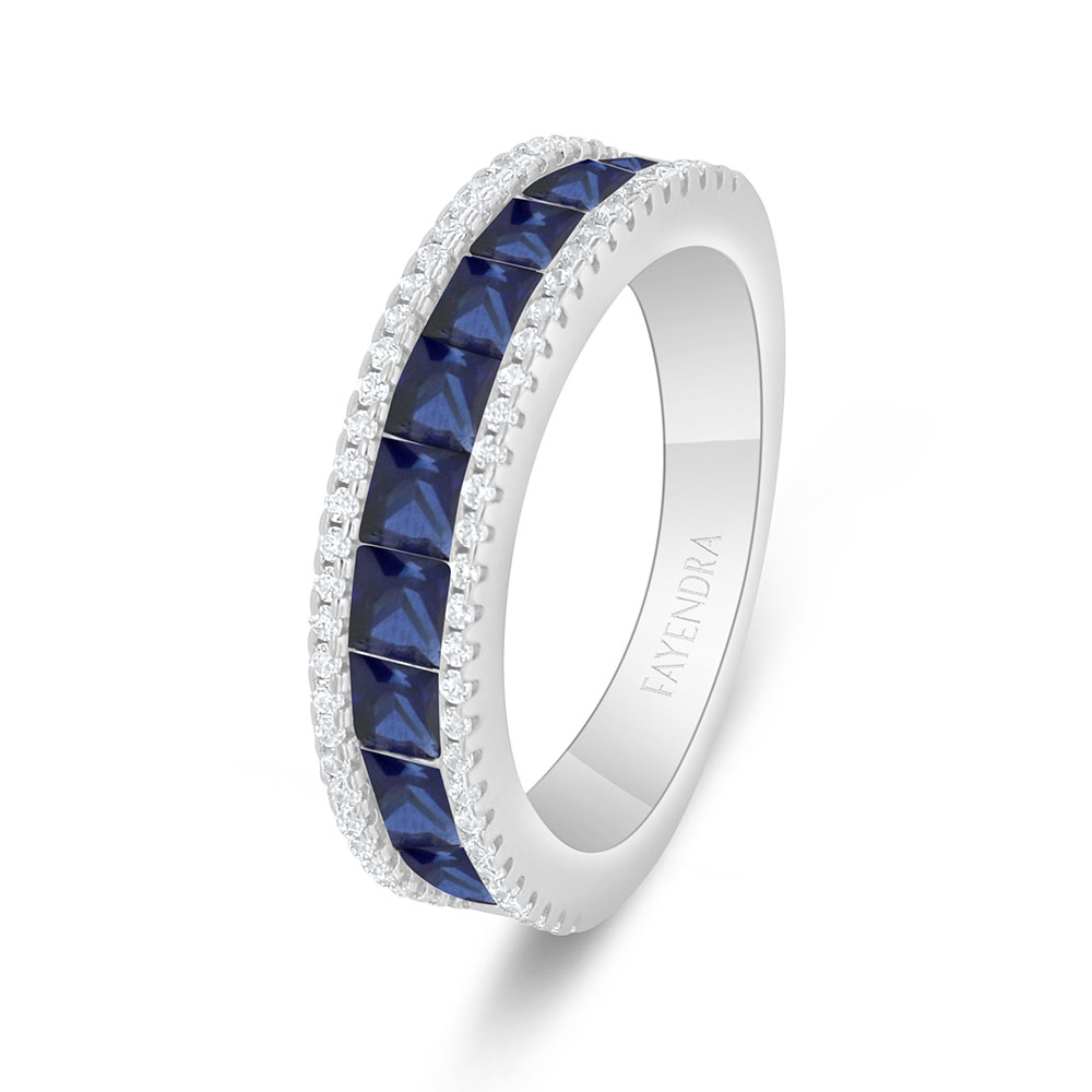 Sterling Silver 925 Ring Rhodium Plated Embedded With Sapphire Corundum And White Zircon