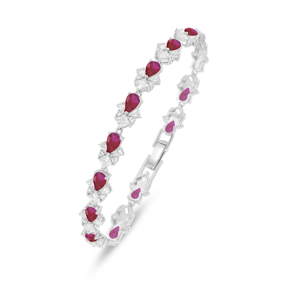 Sterling Silver 925 Bracelet Rhodium Plated Embedded With Ruby Corundum And White Zircon