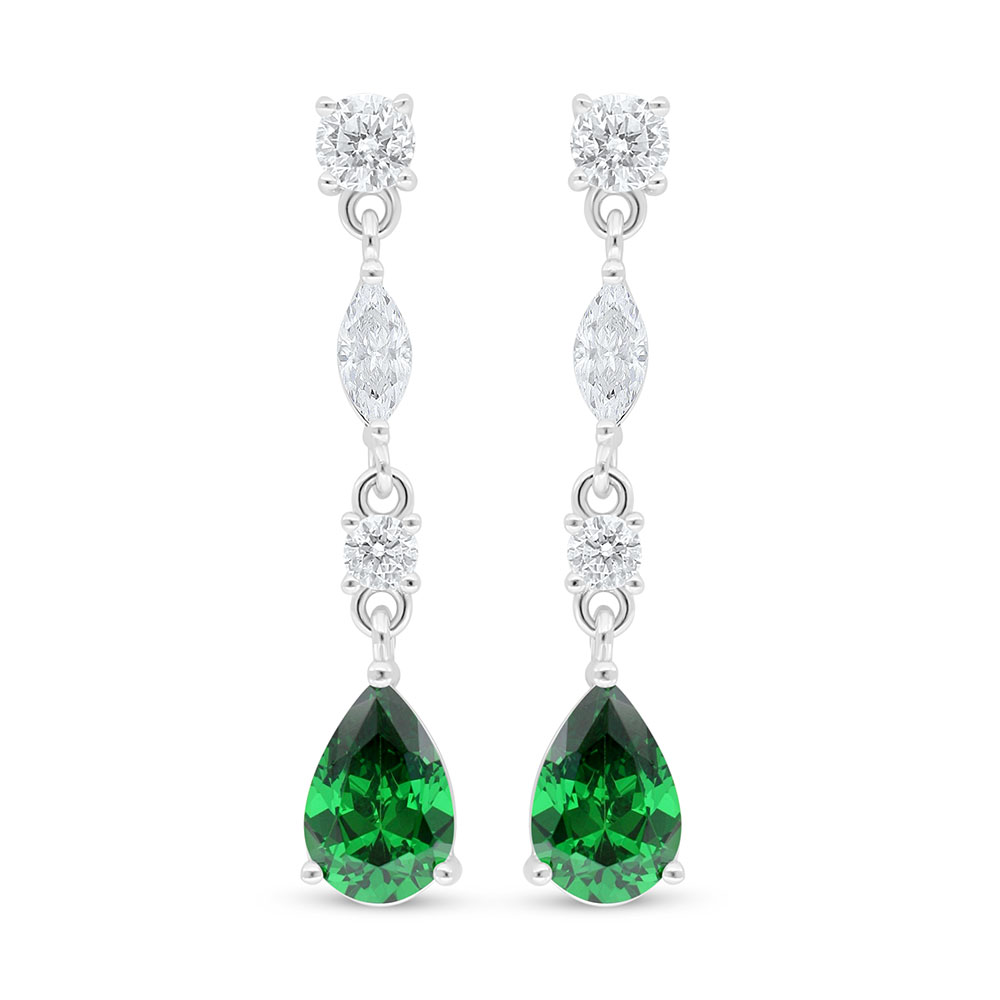 Sterling Silver 925 Earring Rhodium Plated Embedded With Emerald Zircon And White Zircon