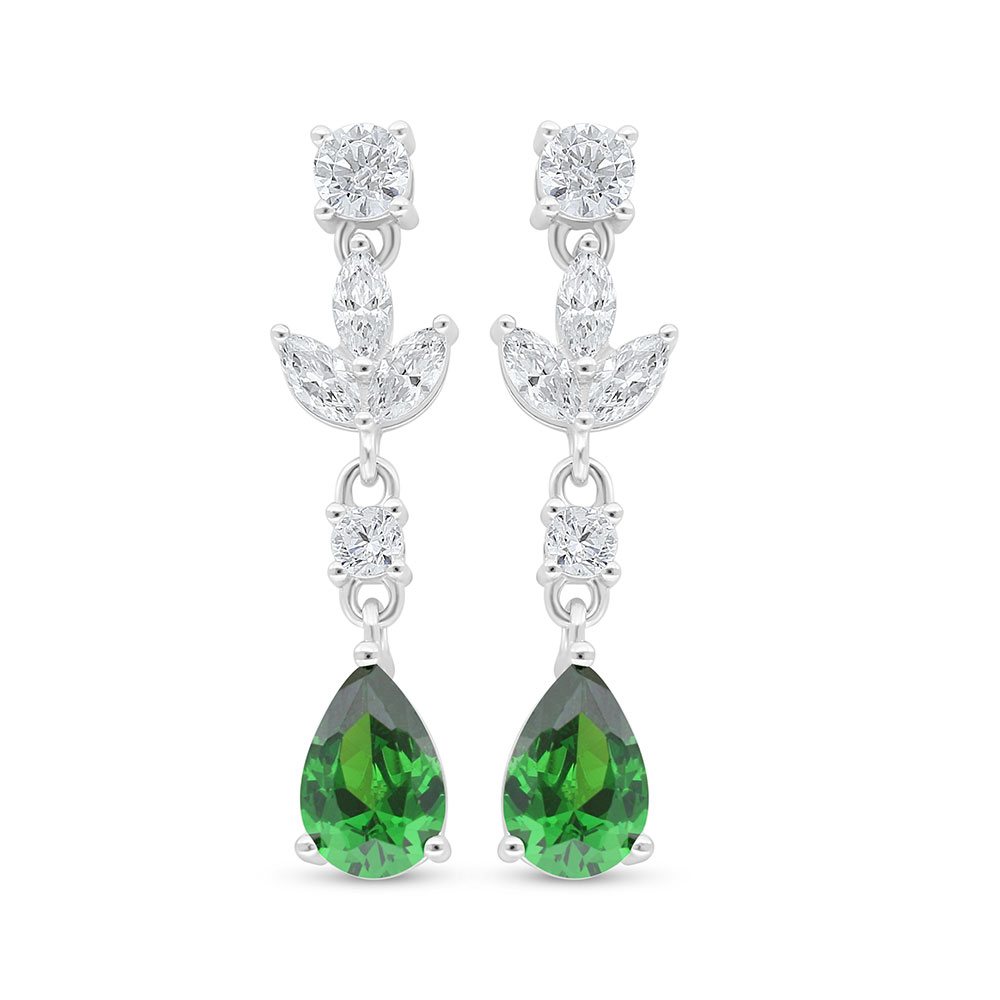 Sterling Silver 925 Earring Rhodium Plated Embedded With Emerald Zircon And White Zircon