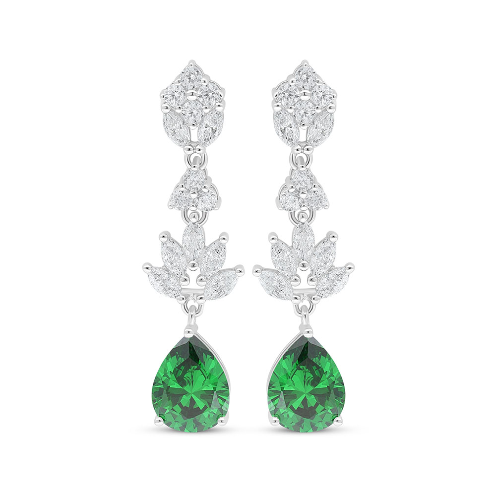 Sterling Silver 925 Earring Rhodium Plated Embedded With Emerald Zircon And White Zircon