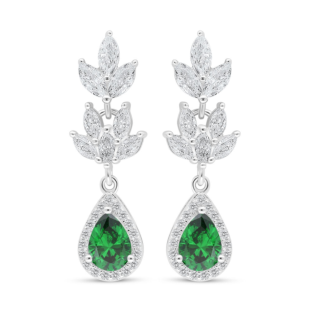 Sterling Silver 925 Earring Rhodium Plated Embedded With Emerald Zircon And White Zircon