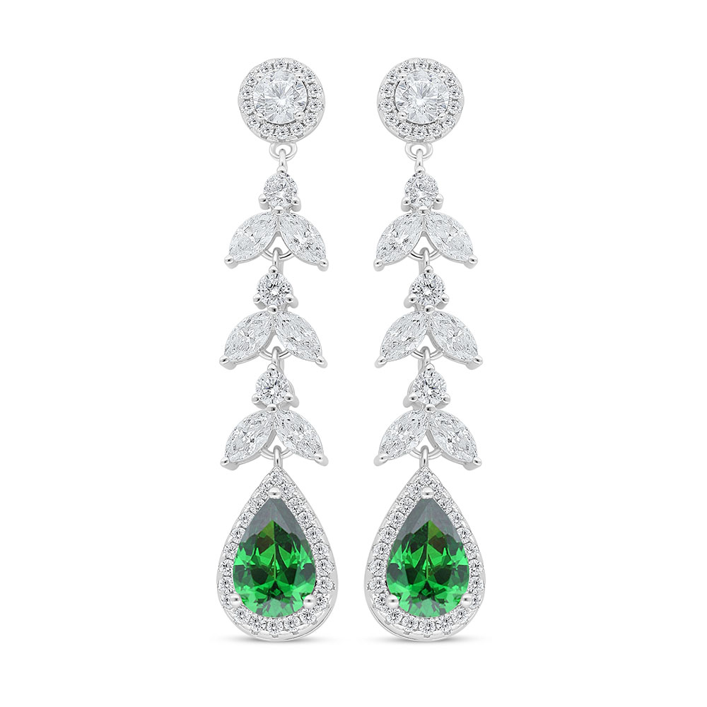 Sterling Silver 925 Earring Rhodium Plated Embedded With Emerald Zircon And White Zircon