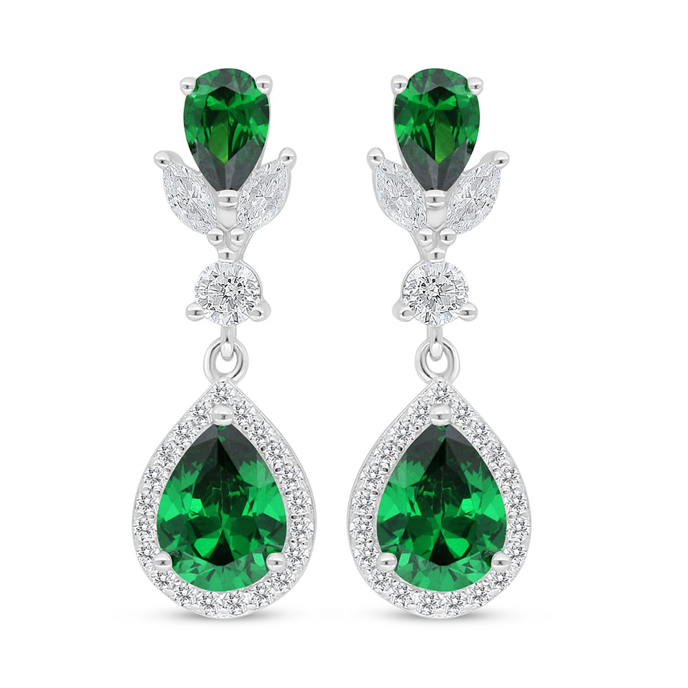 Sterling Silver 925 Earring Rhodium Plated Embedded With Emerald Zircon And White Zircon