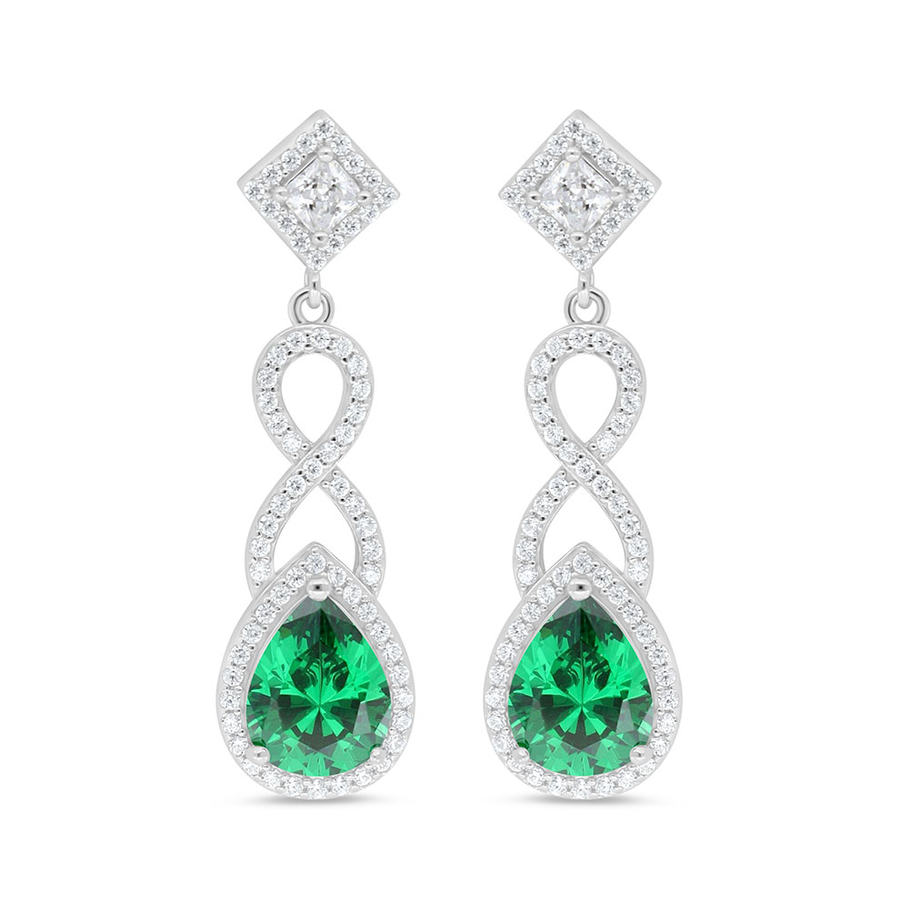 Sterling Silver 925 Earring Rhodium Plated Embedded With Emerald Zircon And White Zircon