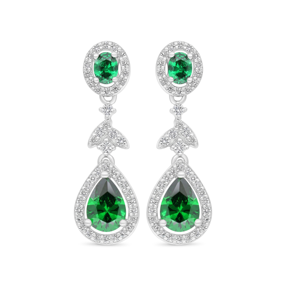 Sterling Silver 925 Earring Rhodium Plated Embedded With Emerald Zircon And White Zircon