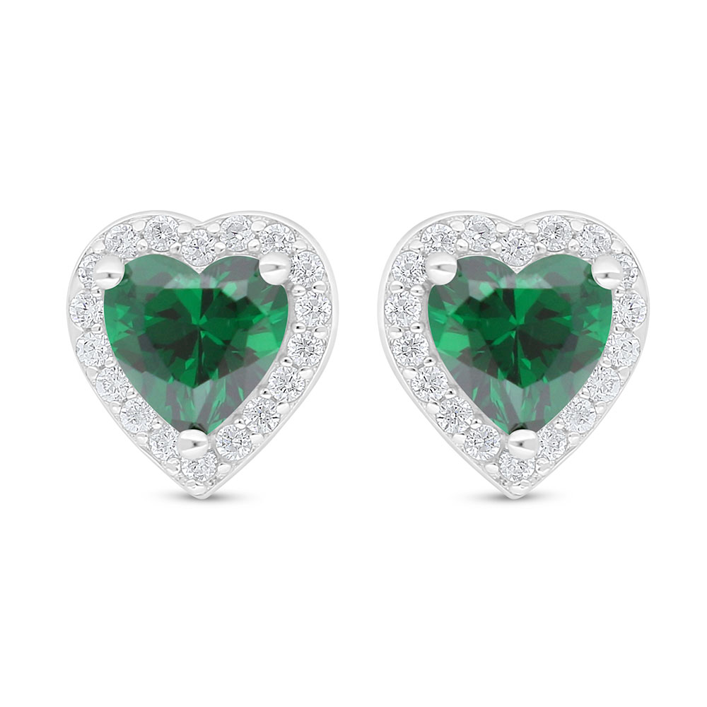 Sterling Silver 925 Earring Rhodium Plated Embedded With Emerald Zircon And White Zircon