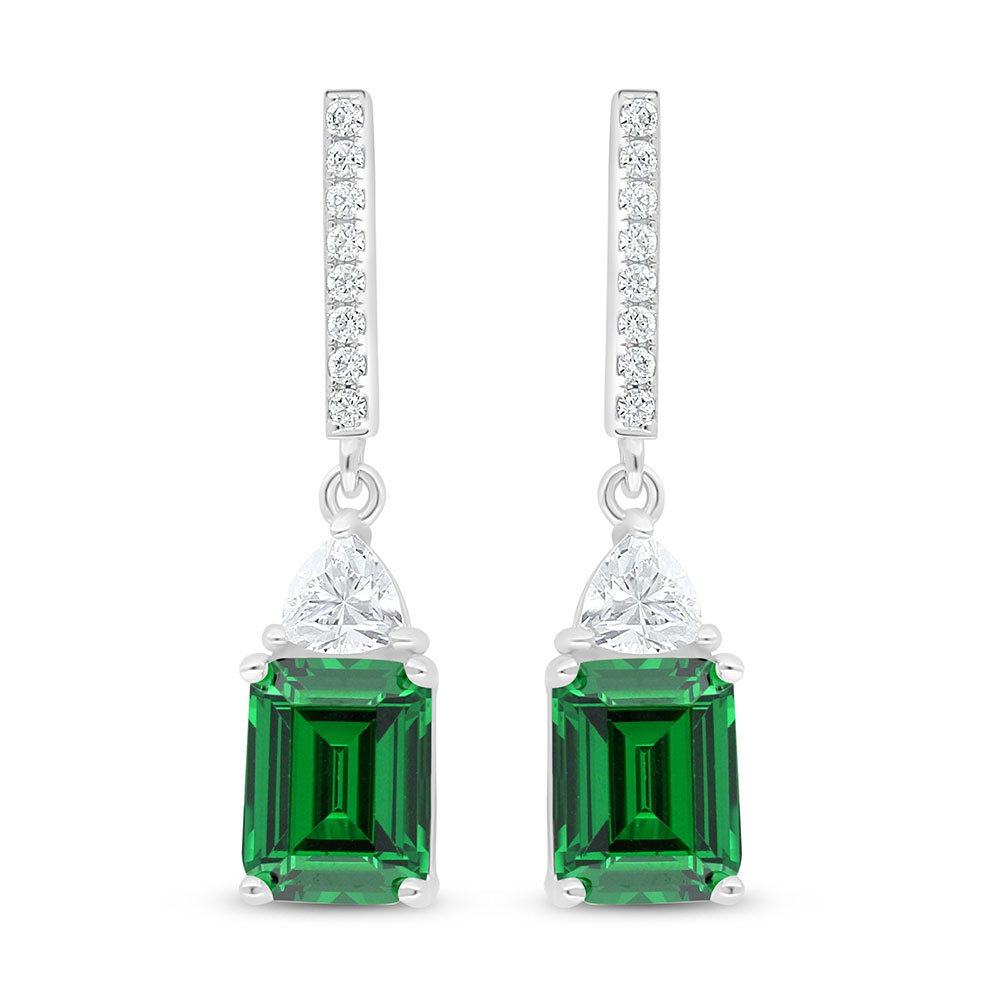 Sterling Silver 925 Earring Rhodium Plated Embedded With Emerald Zircon And White Zircon