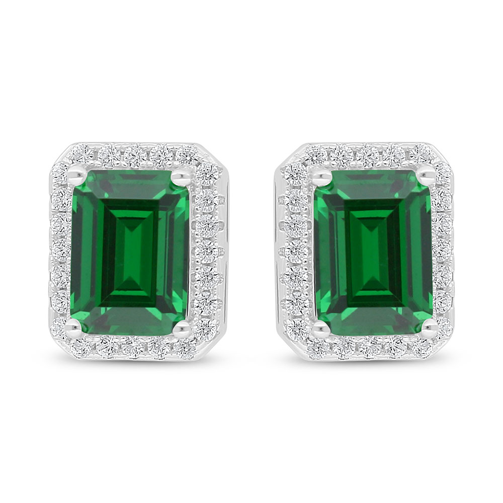 Sterling Silver 925 Earring Rhodium Plated Embedded With Emerald Zircon And White Zircon