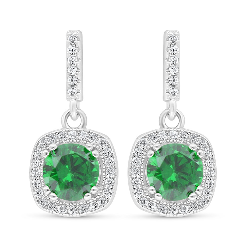 Sterling Silver 925 Earring Rhodium Plated Embedded With Emerald Zircon And White Zircon