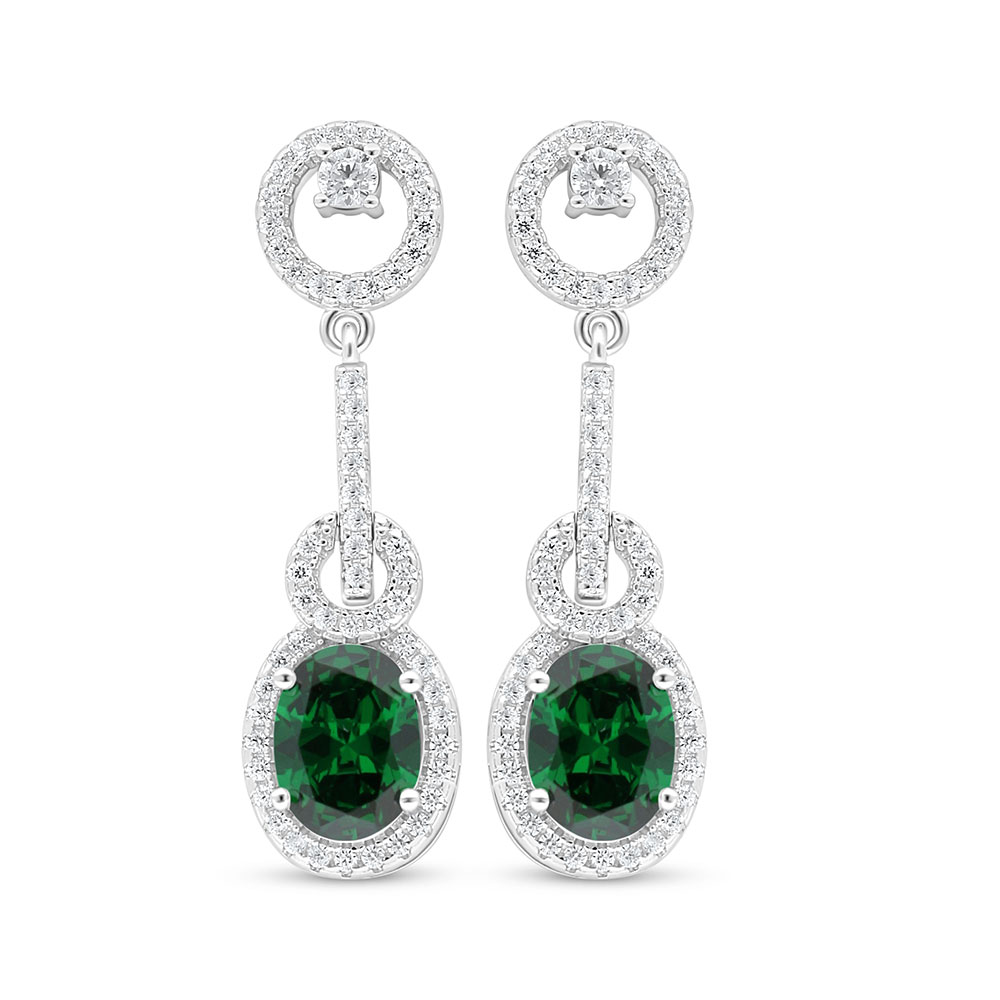 Sterling Silver 925 Earring Rhodium Plated Embedded With Emerald Zircon And White Zircon