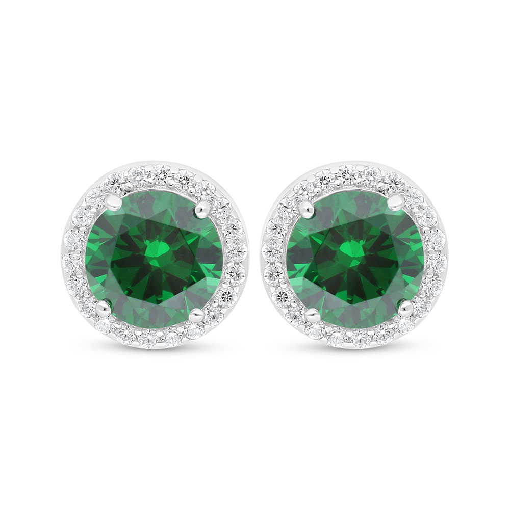 Sterling Silver 925 Earring Rhodium Plated Embedded With Emerald Zircon And White Zircon