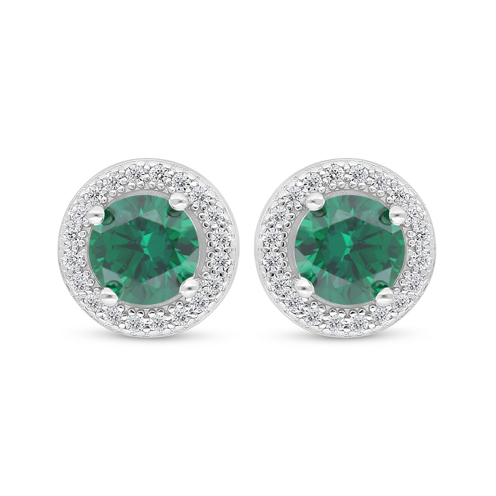 Sterling Silver 925 Earring Rhodium Plated Embedded With Emerald Zircon And White Zircon