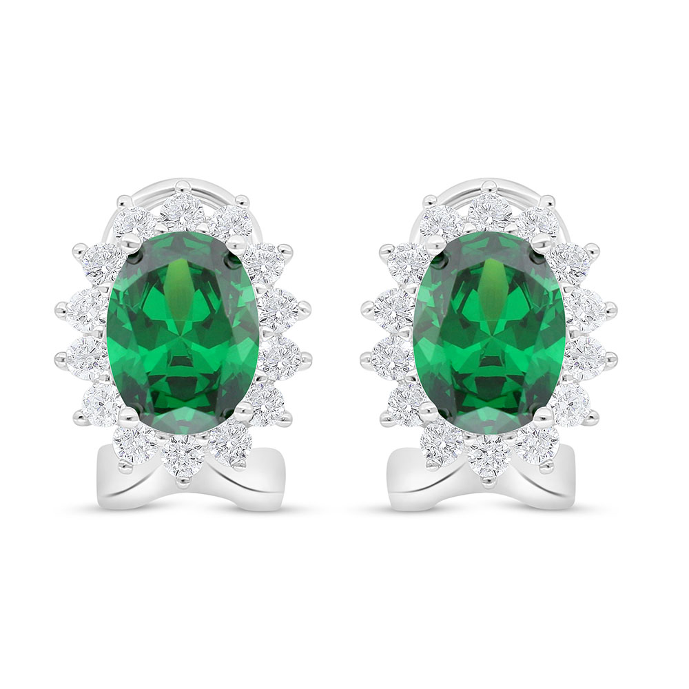 Sterling Silver 925 Earring Rhodium Plated Embedded With Emerald Zircon And White Zircon