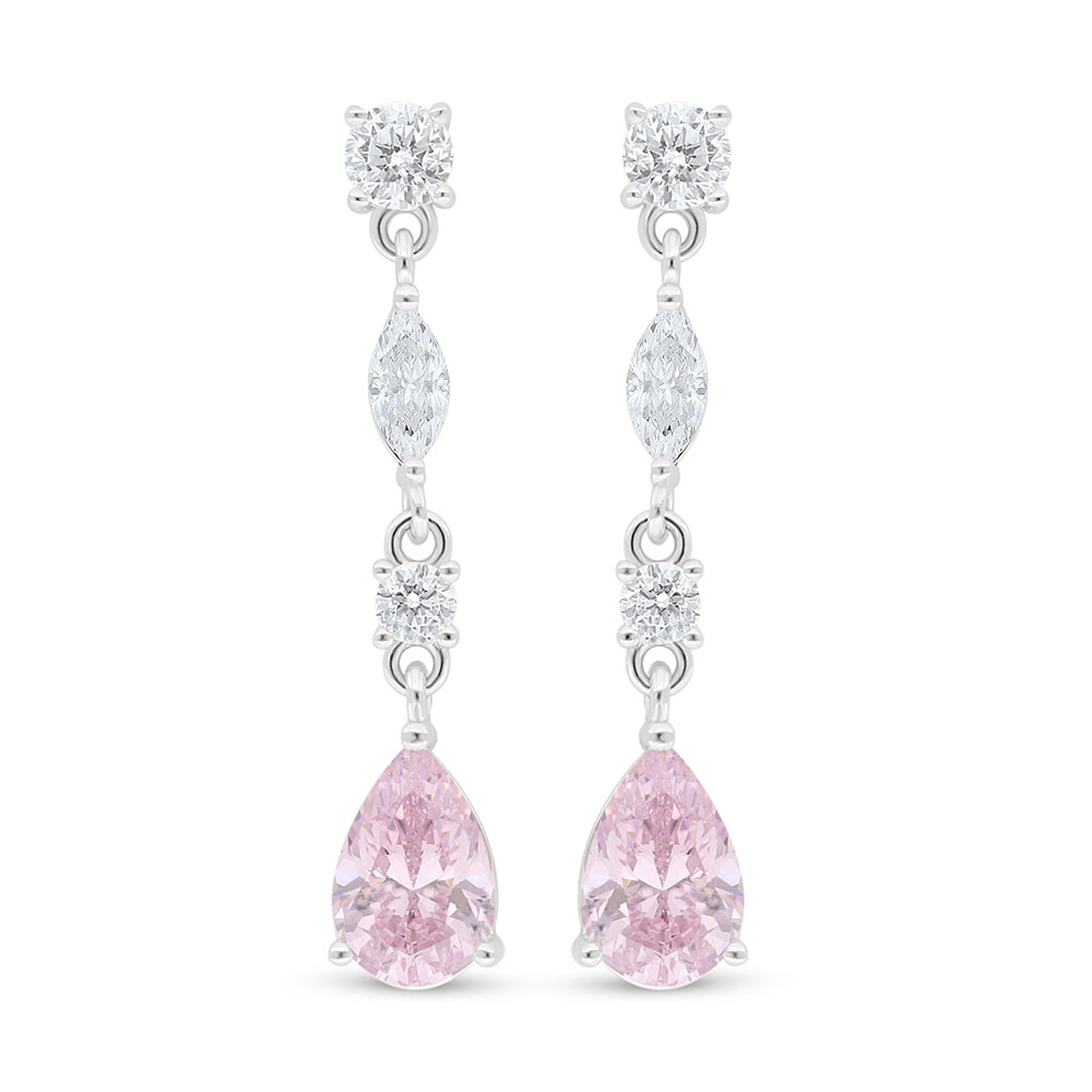 Sterling Silver 925 Earring Rhodium Plated Embedded With Pink Zircon And White Zircon