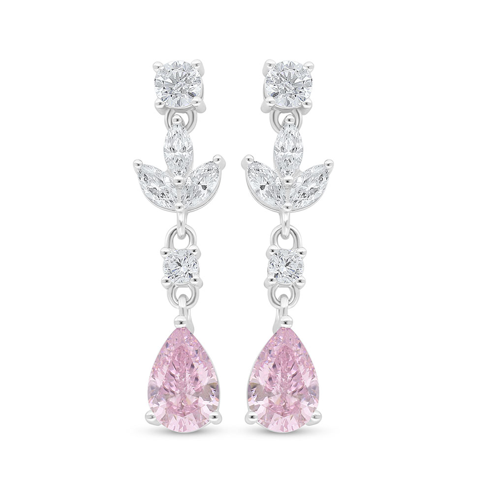 Sterling Silver 925 Earring Rhodium Plated Embedded With Pink Zircon And White Zircon