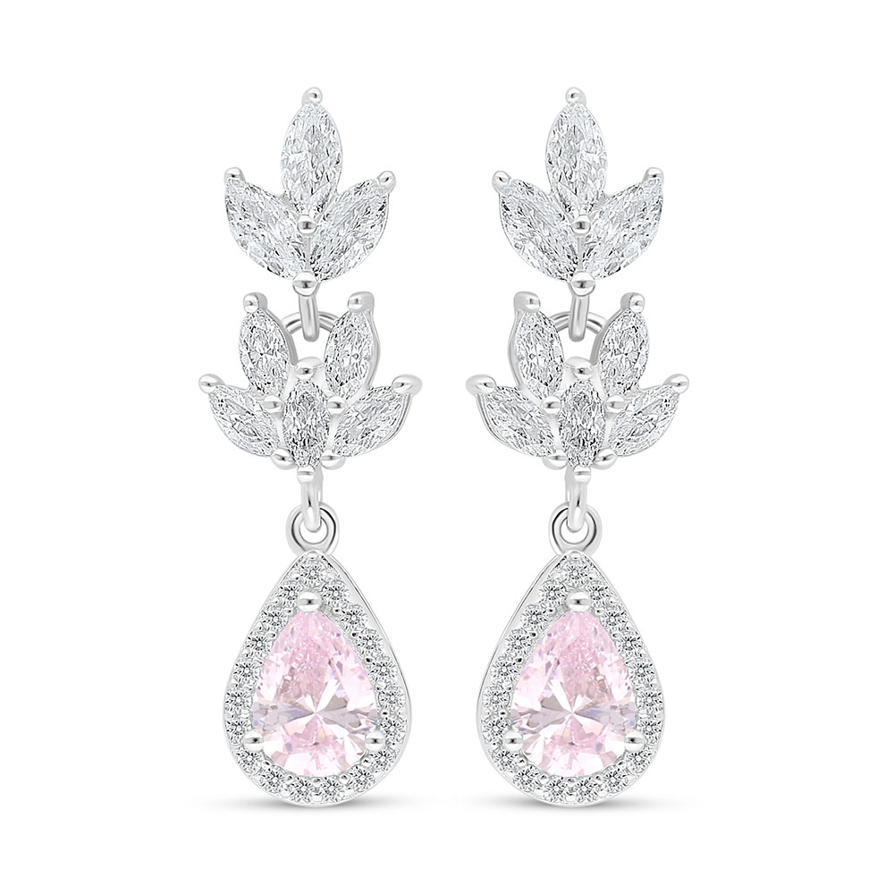 Sterling Silver 925 Earring Rhodium Plated Embedded With Pink Zircon And White Zircon
