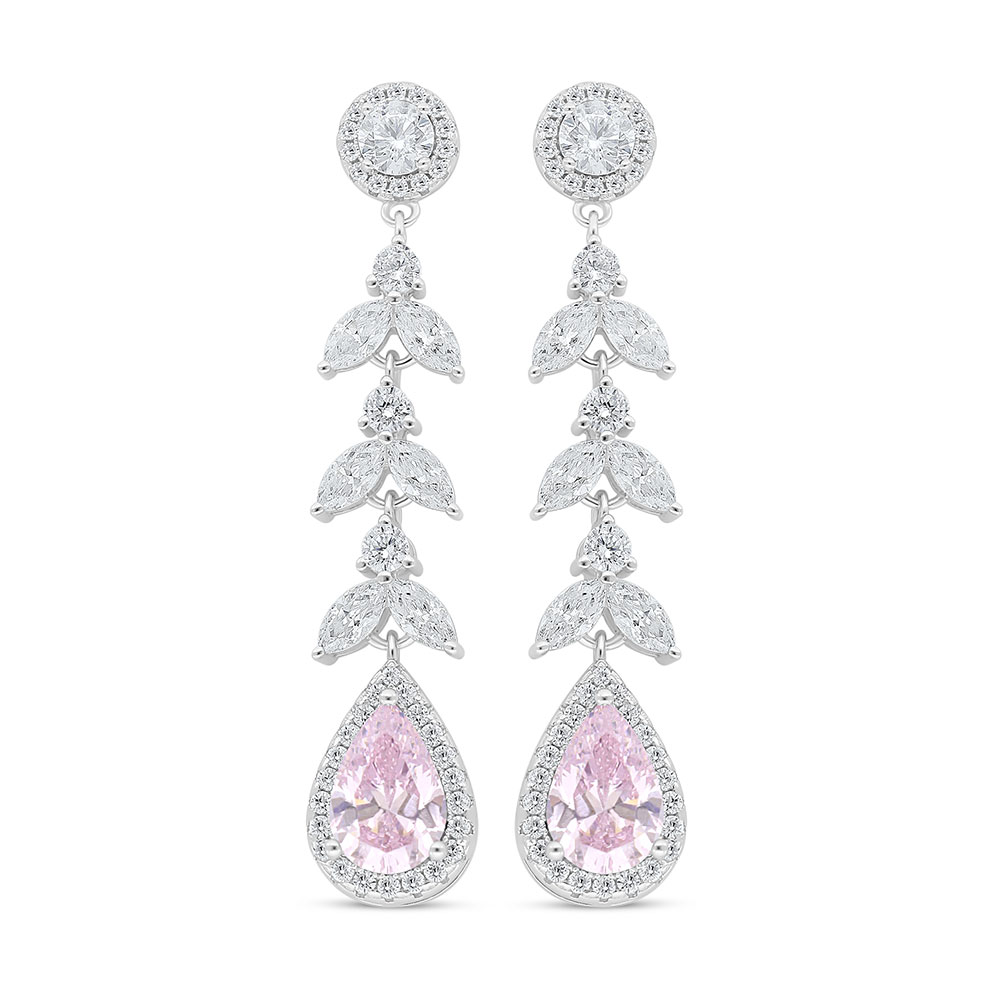 Sterling Silver 925 Earring Rhodium Plated Embedded With Pink Zircon And White Zircon