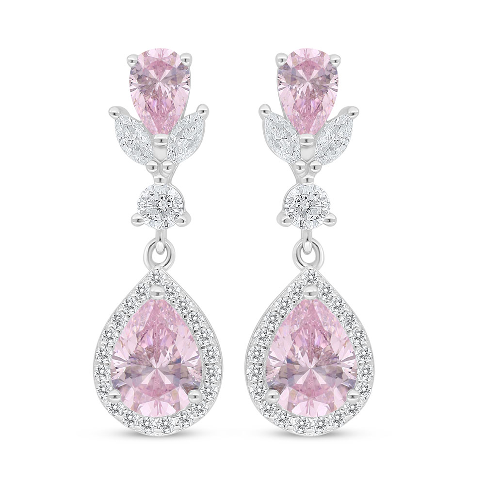 Sterling Silver 925 Earring Rhodium Plated Embedded With Pink Zircon And White Zircon